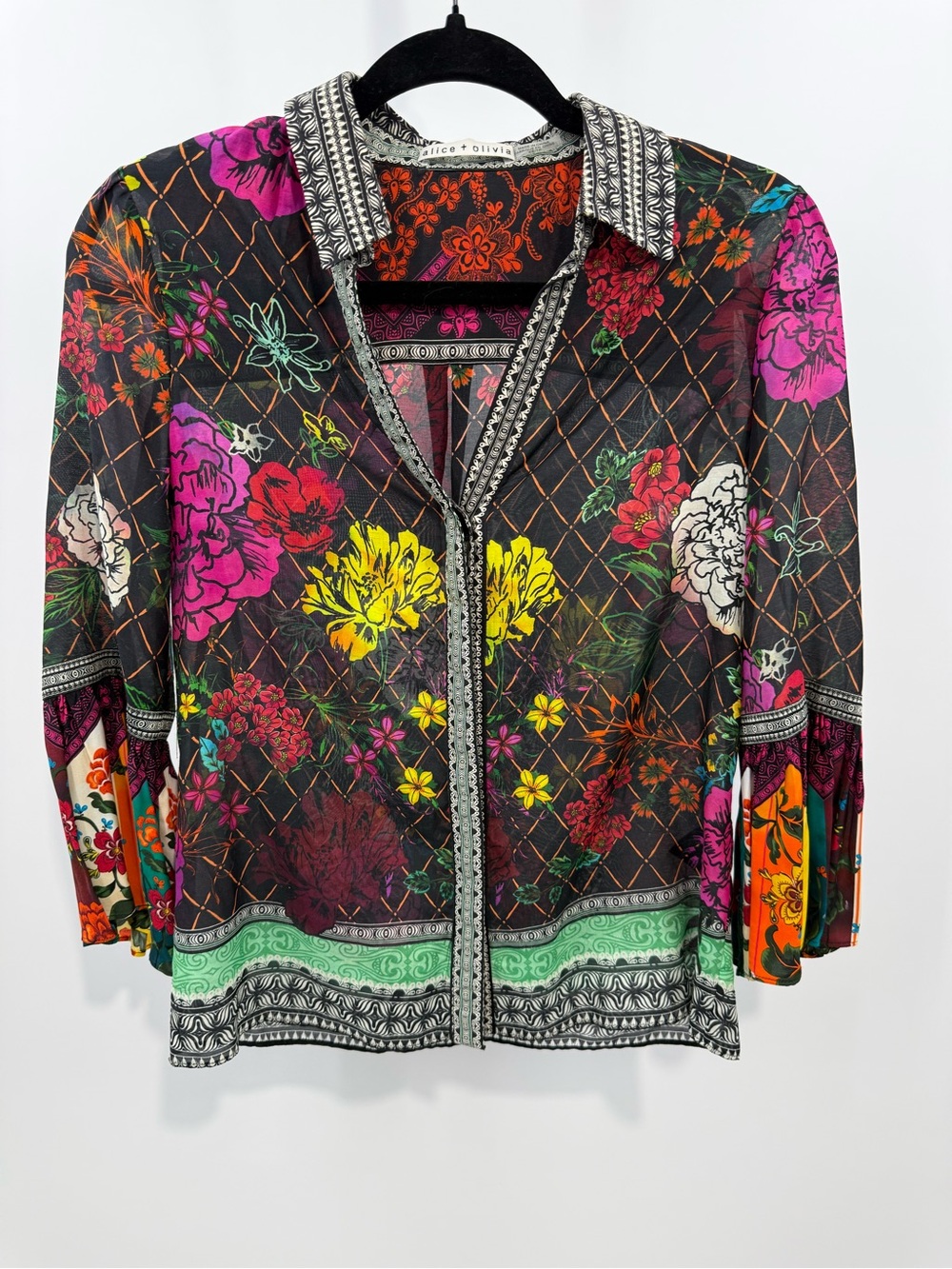 Alice + Olivia Rivera Floral Button Down Blouse Vibrant Silk Blend Size XS